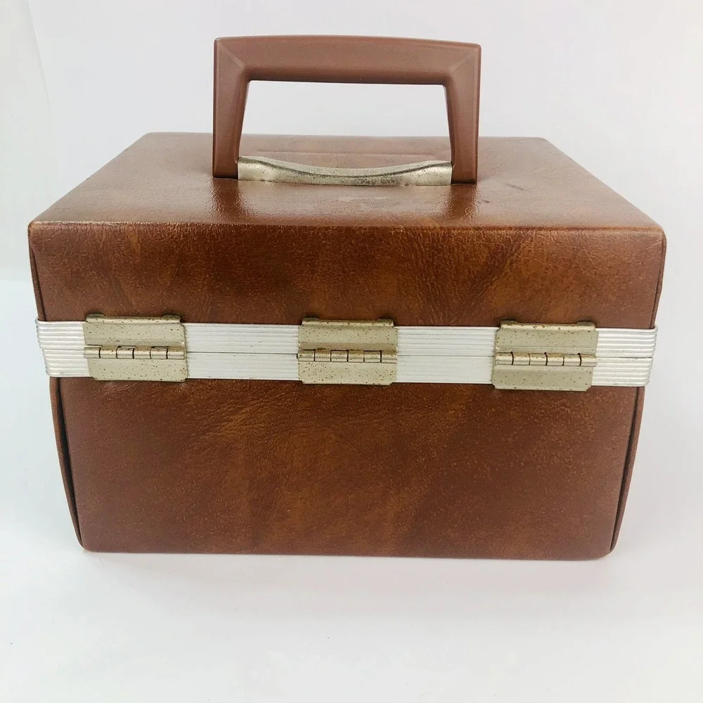 VTG Brown Faux Leather Travel Case Cosmetic Makeup Camera Carrier MCM 1960s
